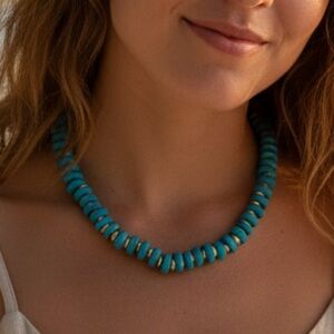 Wooden Turquoise golden choker Necklace Boho Holiday Jewelry  Christmas Gift